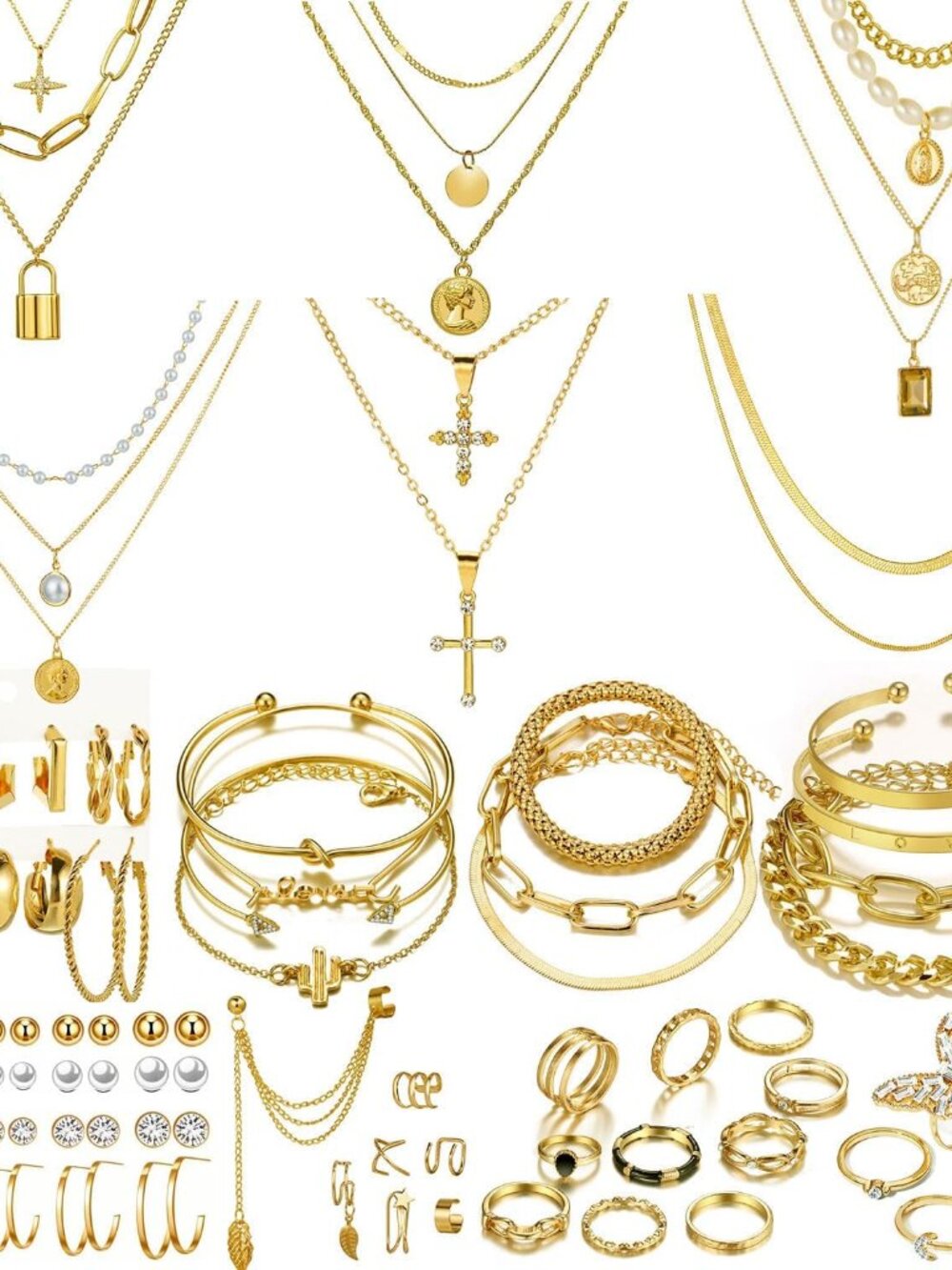 73 Pcs Gold Jewelry Set with 6Pcs Layered Necklace, 11 Pcs anklet and 7Pcs Earri